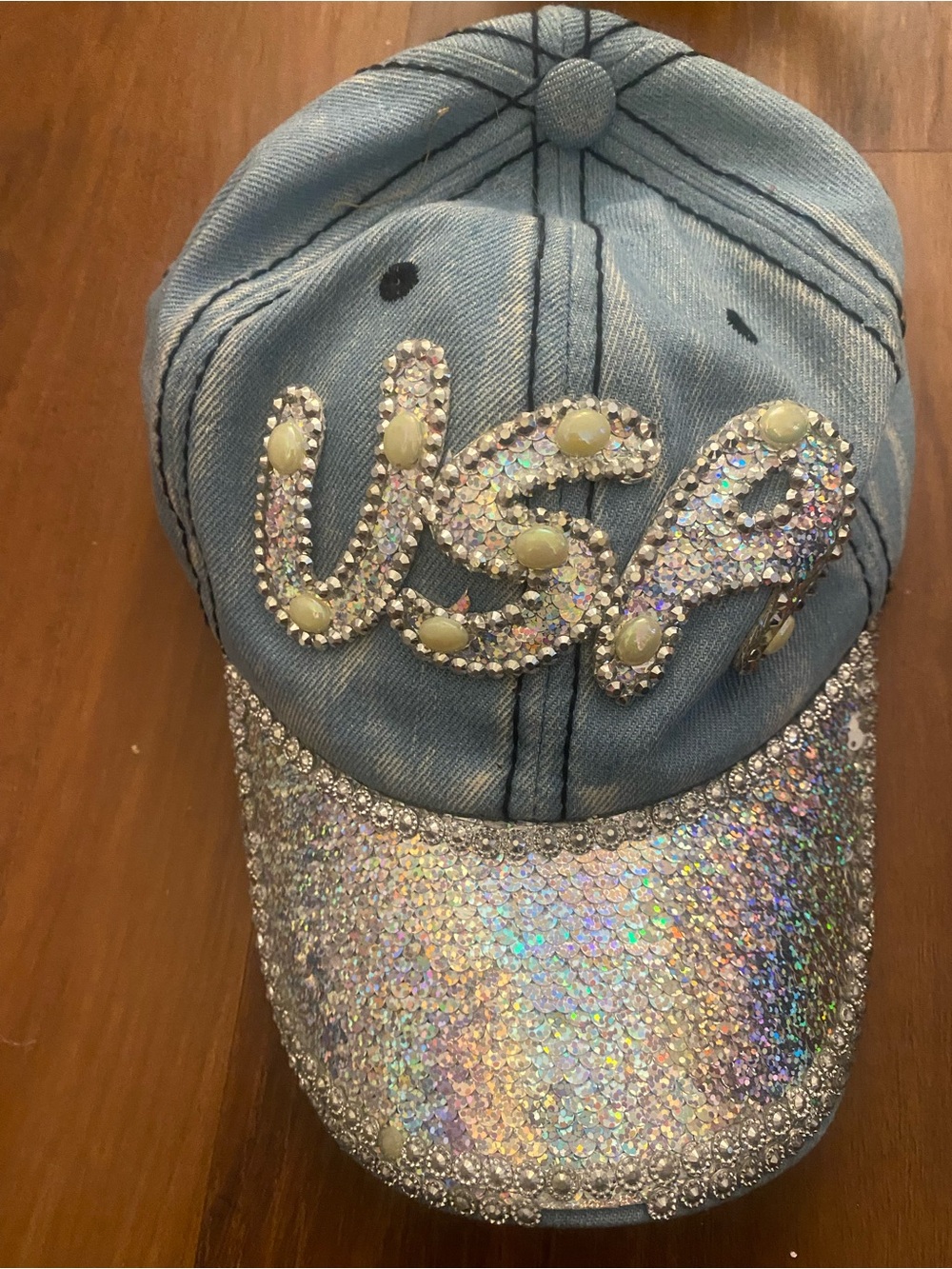 Embellished Light Blue Denim Baseball Cap with Iridescent Crystal Brim
